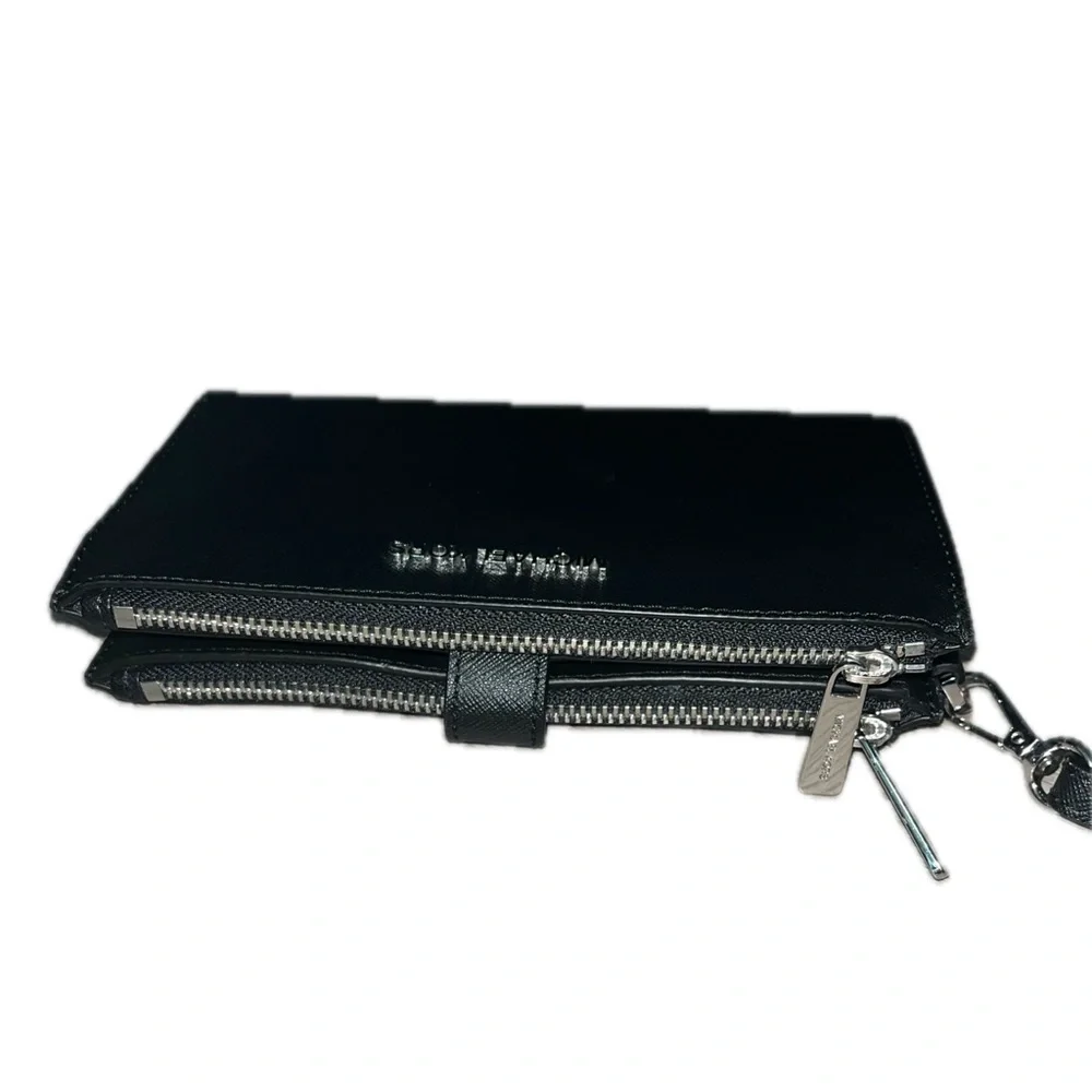 Michael Kors Black Leather Jet Set Double Zip Wallet Wristlet Silver-Tone Accent